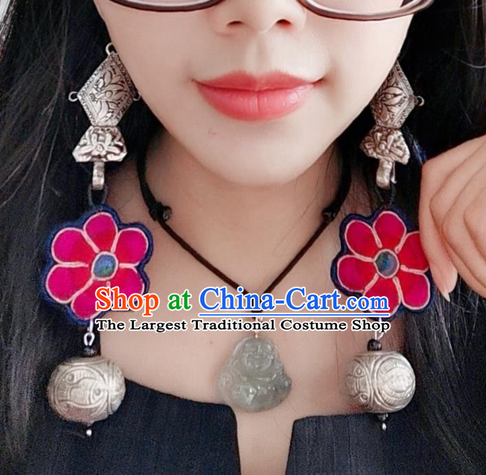 Traditional China Silver Jewelry Handmade Ear Accessories Ethnic Embroidered Rosy Flower Earrings for Women