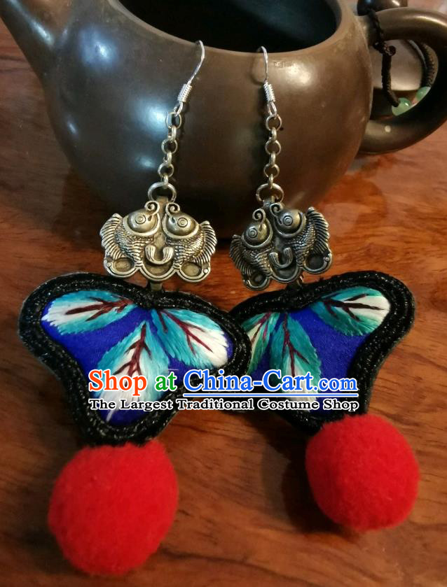 Handmade China Ethnic Red Venonat Earrings Traditional Embroidered Ear Accessories Silver Fishes Jewelry for Women