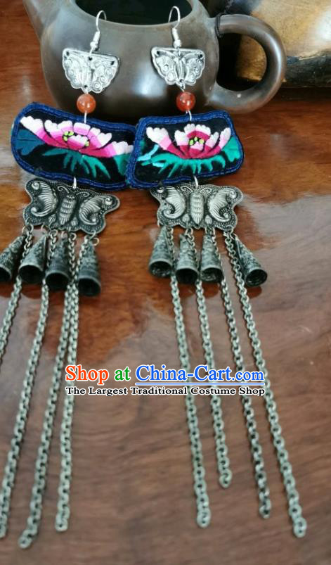 China Traditional Accessories Handmade Silver Carving Butterfly Tassel Eardrop Ethnic Embroidered Peony Earrings for Women