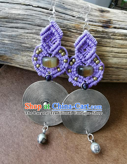 Handmade China Miao Ethnic Silver Ear Accessories Traditional Purple Sennit Earrings for Women