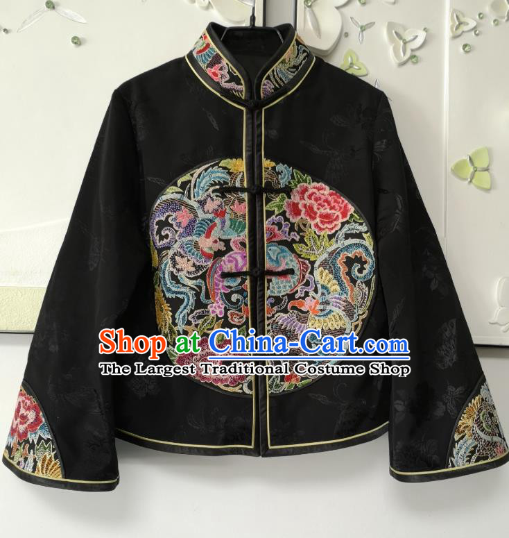 China Tang Suit Black Silk Jacket National Short Coat Traditional Embroidered Costume