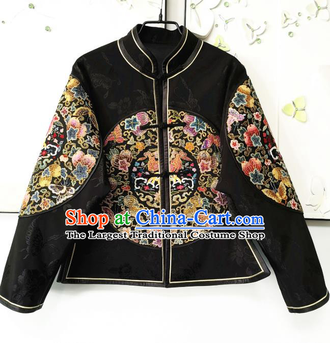 China National Women Short Coat Traditional Embroidered Costume Tang Suit Black Silk Jacket