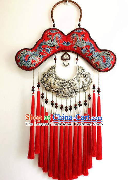 Handmade China Embroidered Red Tassel Necklace Traditional National Silver Carving Accessories Miao Ethnic Rattan Necklet