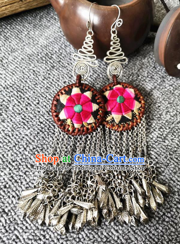 Handmade China Silver Tassel Earrings Miao Ethnic Embroidered Jewelry Traditional National Rattan Ear Accessories