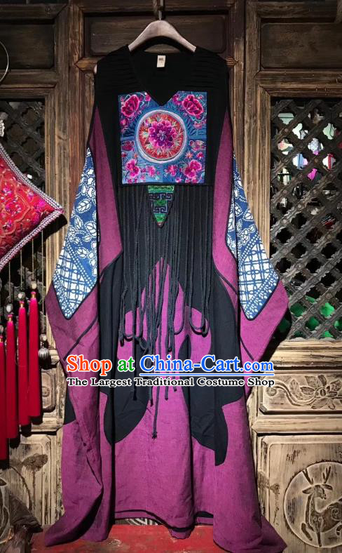 Chinese Traditional Minority Women Embroidery Purple Flax Robe National Clothing Embroidered Dress