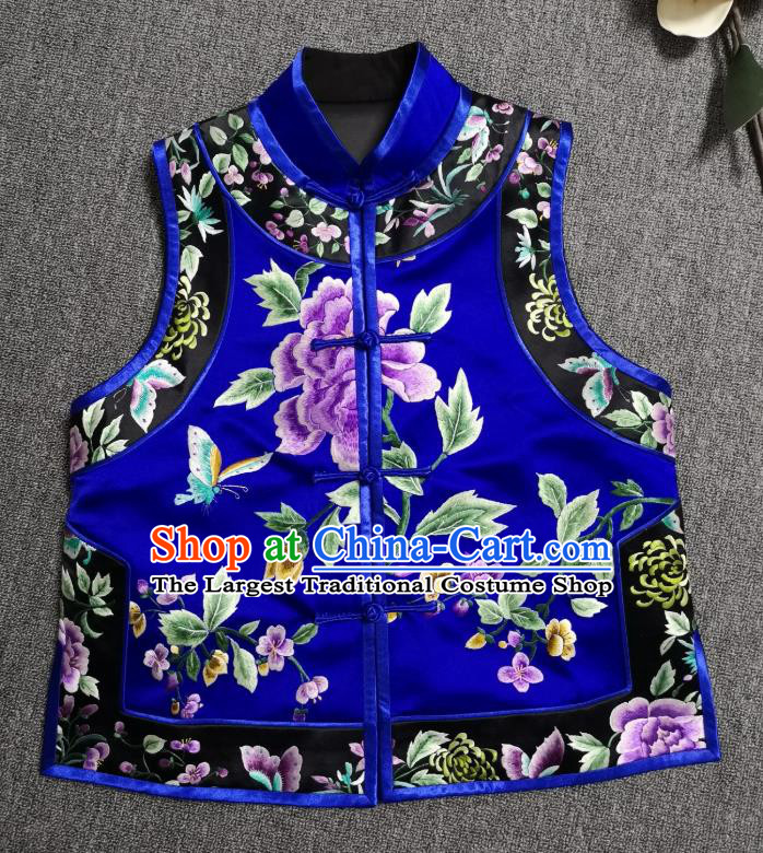 China National Embroidered Royalblue Silk Vest Traditional Tang Suit Upper Outer Garment Women Waistcoat