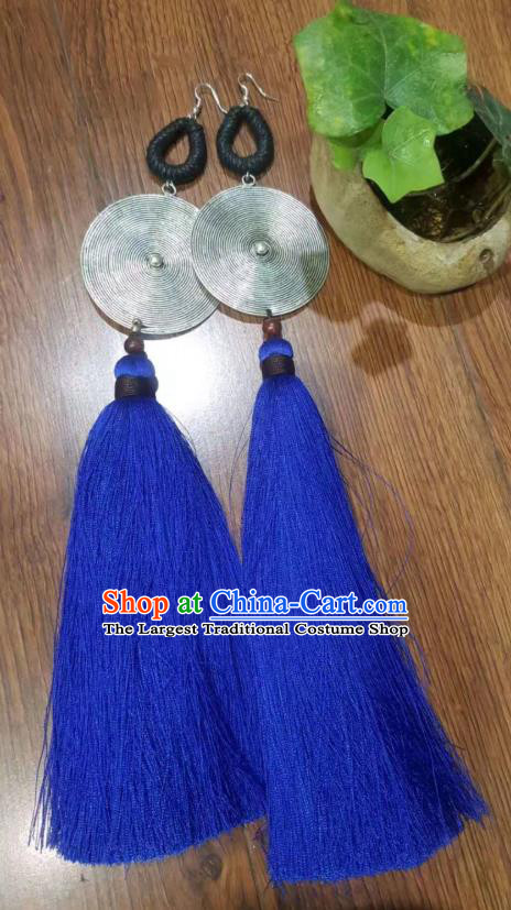 Handmade China Miao Ethnic Exaggerated Jewelry Traditional Royalblue Long Tassel Earrings National Silver Ear Accessories