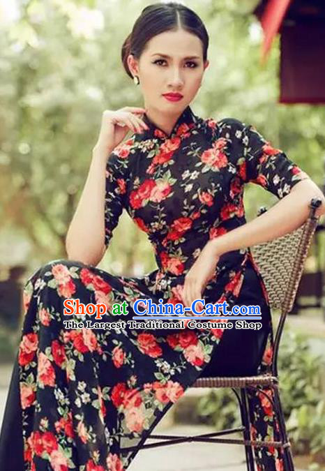 Asian Vietnam Classical Roses Pattern Ao Dai Qipao Traditional Vietnamese Costumes Black Silk Cheongsam Dress and Loose Pants for Women