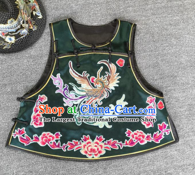 China Tang Suit Embroidered Phoenix Dark Green Silk Vest Traditional Women Waistcoat Upper Outer Garment