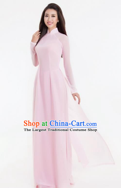 Asian Vietnam Classical Light Pink Ao Dai Qipao Traditional Vietnamese Costumes Cheongsam Dress and Pants for Women