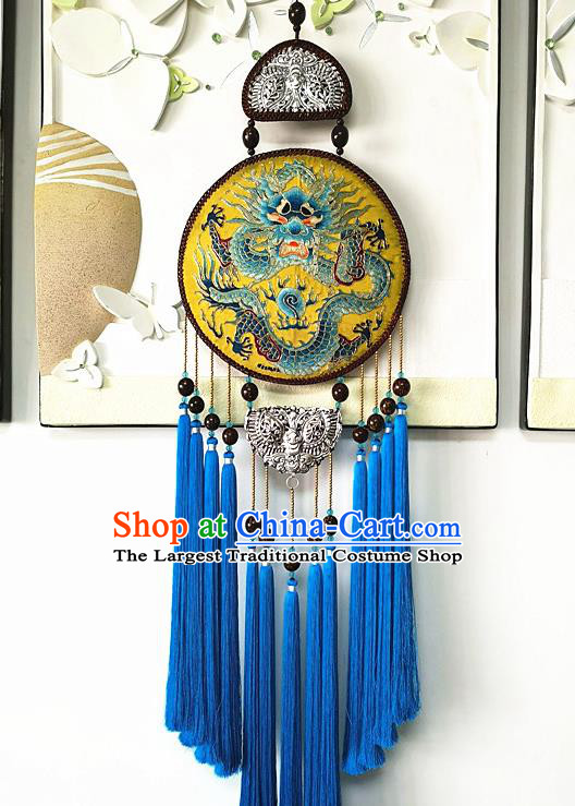 Handmade China Traditional Embroidered Dragon Pendant National Royalblue Tassel Rattan Accessories