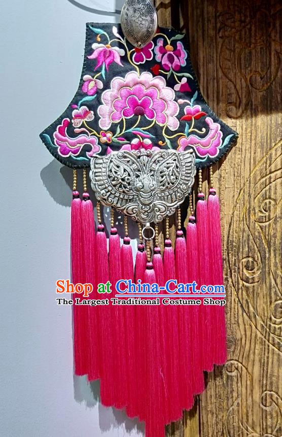 Handmade China National Silver Carving Butterfly Rosy Tassel Accessories Traditional Embroidered Necklace Pendant