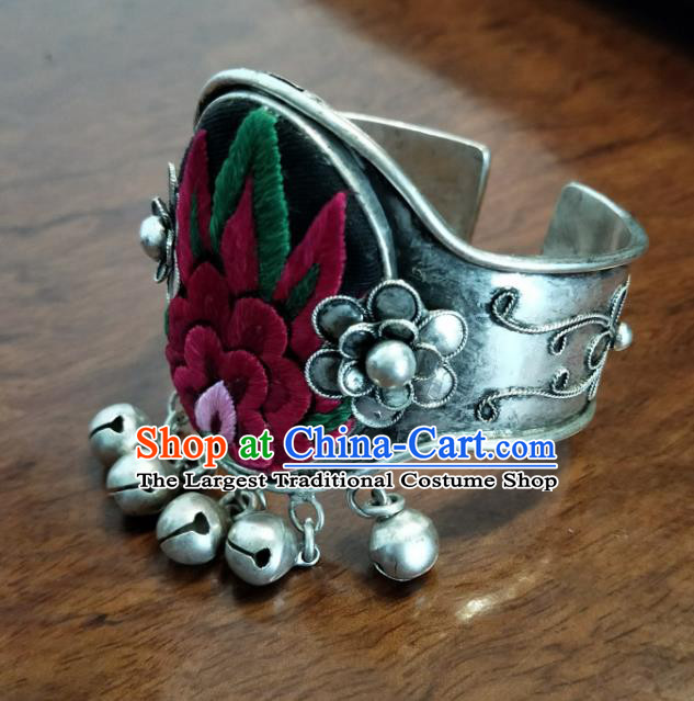 China Traditional Miao Ethnic Bracelet National Silver Bell Tassel Accessories Handmade Embroidered Bangle