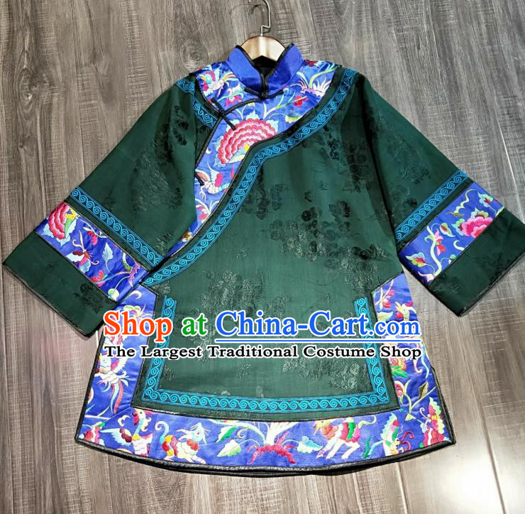 China National Women Short Coat Traditional Qing Dynasty Embroidered Costume Tang Suit Green Silk Jacket