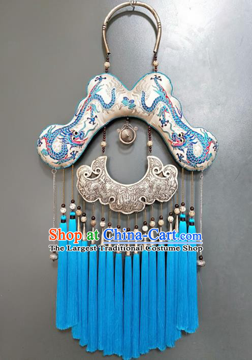 China National Blue Tassel Necklet Traditional Miao Ethnic Handmade Embroidered Silver Jewelry Pendant Accessories