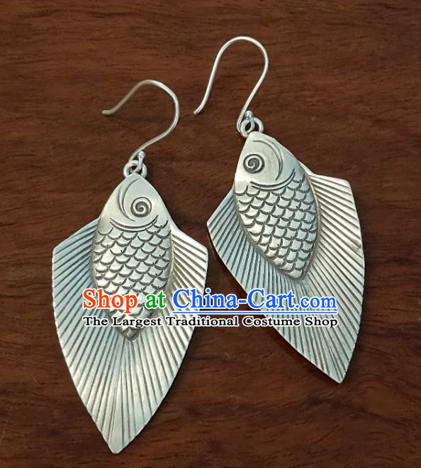 China Traditional Miao Ethnic Ear Accessories Handmade Women Jewelry National Silver Carving Fish Earrings