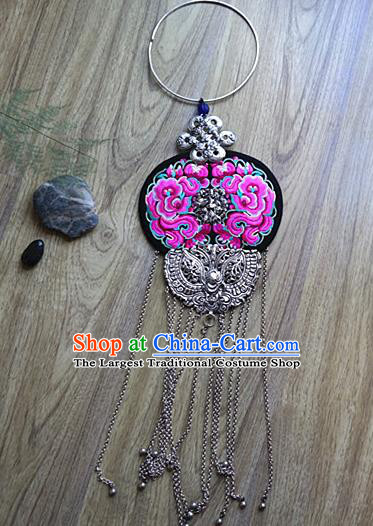 China National Silver Butterfly Tassel Longevity Lock Handmade Embroidered Necklace Miao Ethnic Folk Dance Jewelry Accessories