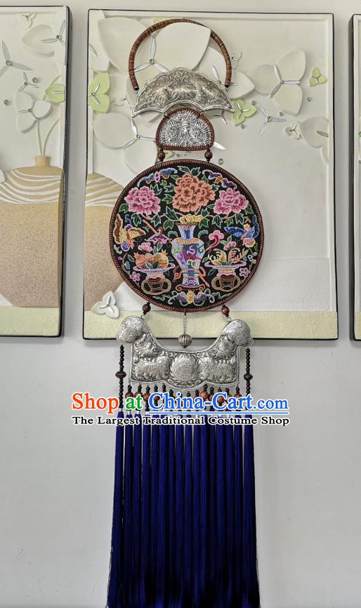 China National Embroidered Craft Accessories Miao Ethnic Silver Carving Royalblue Tassel Pendant