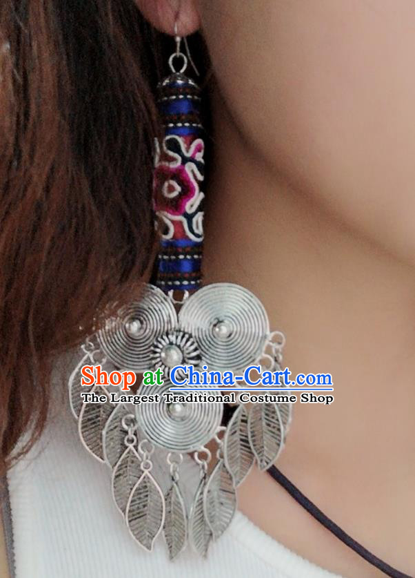 China Women Jewelry National Embroidered Earrings Miao Ethnic Silver Tassel Ear Accessories