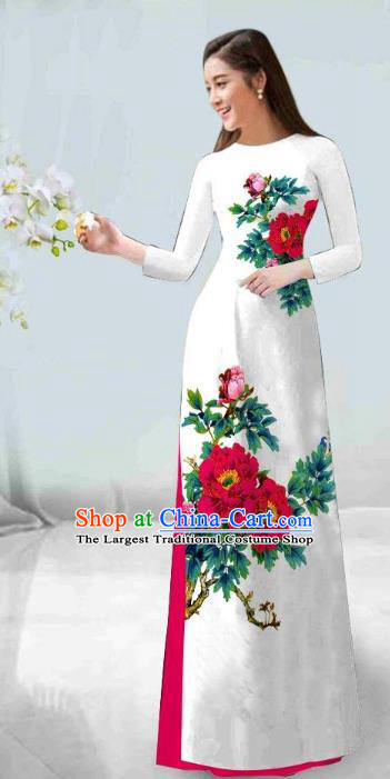 Asian Vietnam Classical Rosy Peony Pattern Ao Dai Qipao Traditional Vietnamese Costumes Cheongsam Dress and Loose Pants for Women