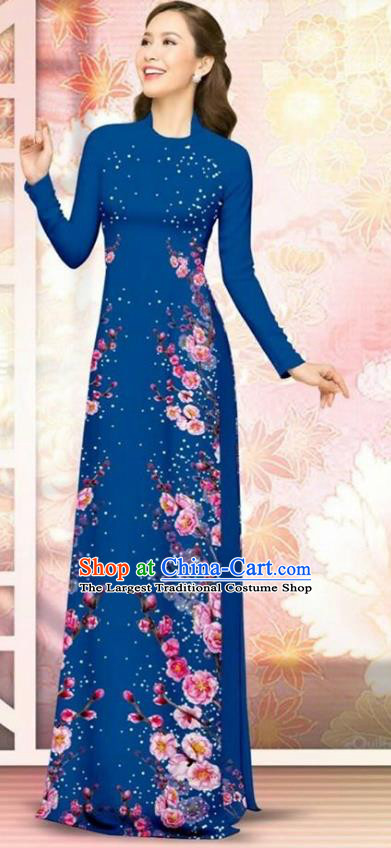 Asian Vietnam Navy Blue Cheongsam Dress and Pants Traditional Vietnamese Costumes Classical Plum Blossom Pattern Ao Dai Qipao for Women