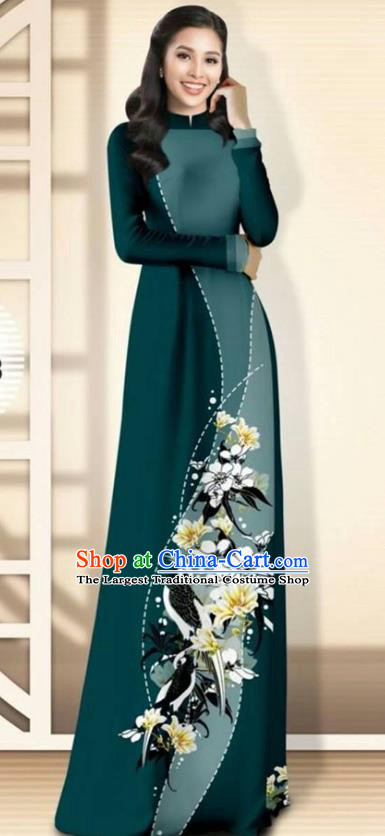 Asian Vietnam Atrovirens Cheongsam Dress and Pants Traditional Vietnamese Costumes Classical Flowers Bird Pattern Ao Dai Qipao for Women