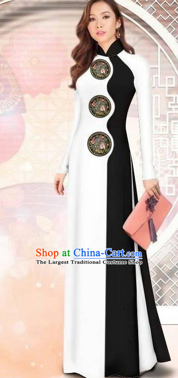 Asian Vietnam Printing White Cheongsam Dress and Pants Traditional Vietnamese Costumes Classical Ao Dai Qipao for Women