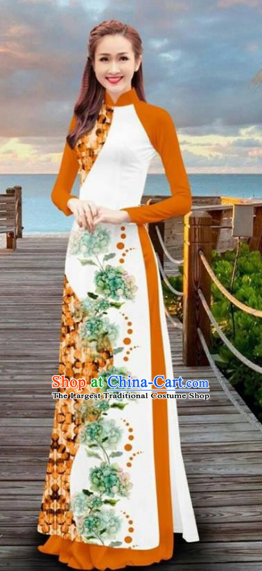 Asian Vietnam Printing Flowers Cheongsam Dress and Pants Traditional Vietnamese Costumes Classical Orange Ao Dai Qipao for Women