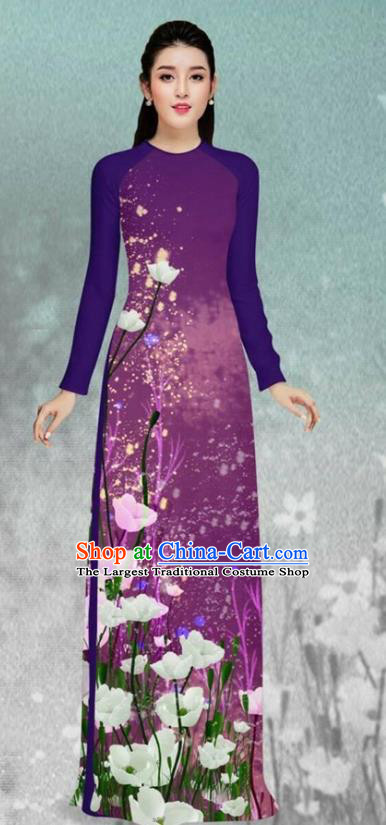 Asian Vietnam Printing Flowers Purple Cheongsam and Pants Traditional Vietnamese Costumes Classical Female Ao Dai Qipao Dress