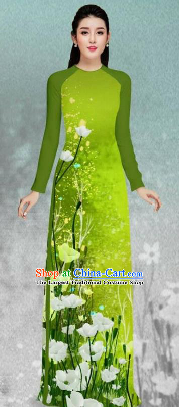 Asian Vietnam Printing Flowers Green Cheongsam and Pants Traditional Vietnamese Costumes Classical Female Ao Dai Qipao Dress