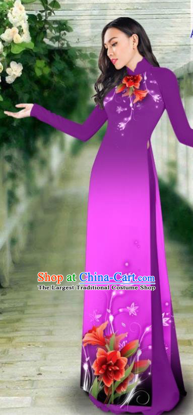 Asian Vietnam Classical Cheongsam Traditional Vietnamese Costumes Women Printing Purple Ao Dai Qipao Dress and Pants