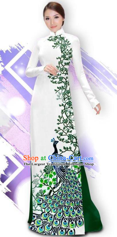 Asian Vietnam Female Classical Cheongsam Traditional Vietnamese Costumes Printing Peacock Ao Dai Qipao Dress and Green Pants