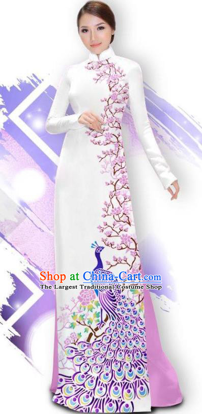 Asian Vietnam Female Classical Cheongsam Traditional Vietnamese Costumes Printing Peacock Ao Dai Qipao Dress and Lilac Pants