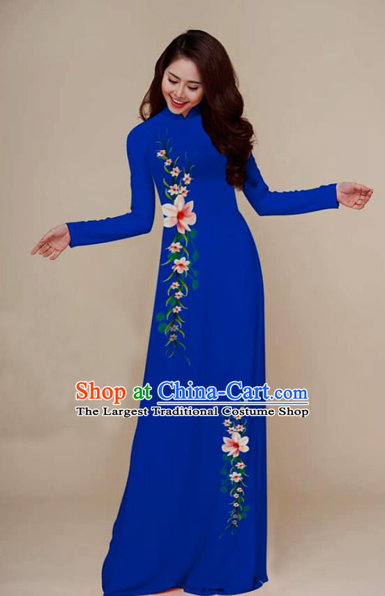 Traditional Vietnamese Hand Painting Royalblue Ao Dai Qipao Dress and Pants Asian Vietnam Classical Cheongsam Female Costumes