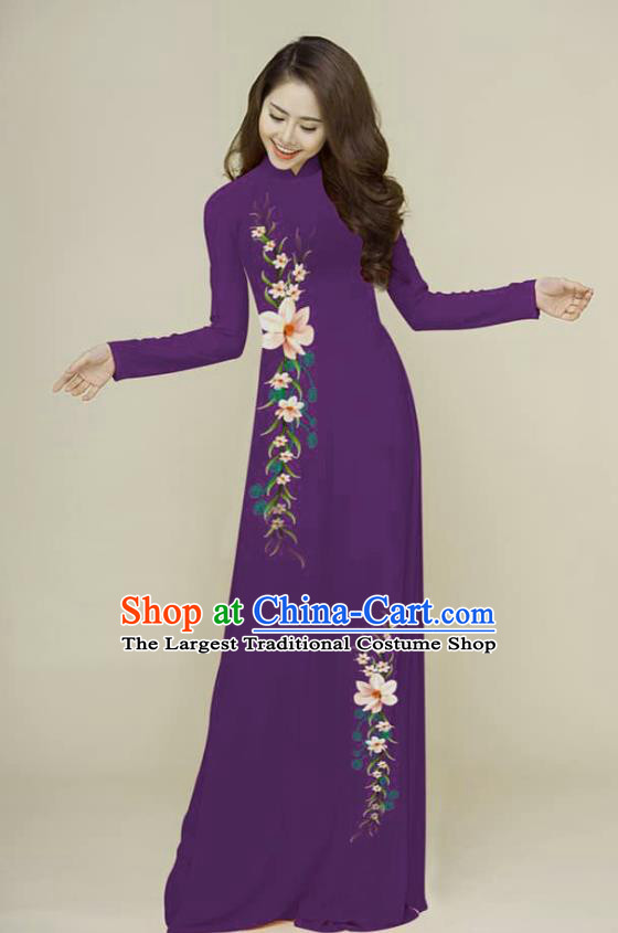 Traditional Vietnamese Hand Painting Purple Ao Dai Qipao Dress and Pants Asian Vietnam Classical Cheongsam Female Costumes