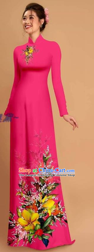 Traditional Vietnamese Bride Carmine Ao Dai Qipao Dress and Pants Asian Vietnam Classical Printing Flowers Cheongsam Costumes