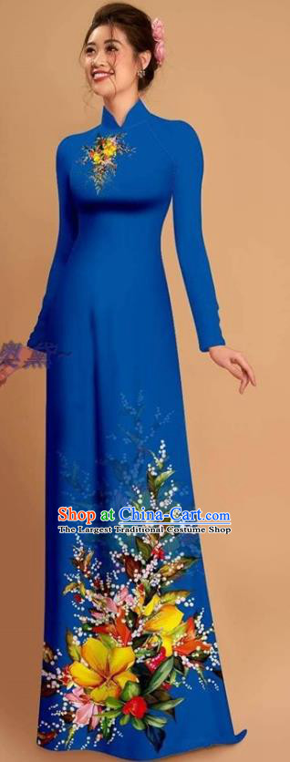 Traditional Vietnamese Bride Royalblue Ao Dai Qipao Dress and Pants Asian Vietnam Classical Printing Flowers Cheongsam Costumes