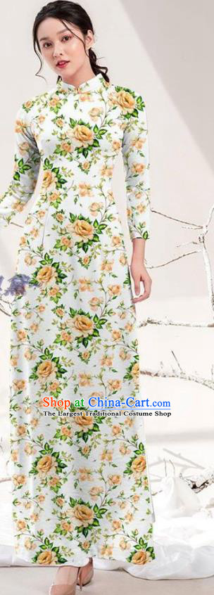 Traditional Vietnamese Printing Yellow Rose Ao Dai Qipao Dress and Pants Asian Vietnam Stage Show Cheongsam Costumes