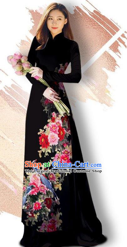 Asian Vietnam Classical Court Cheongsam Traditional Vietnamese Printing Peony Bird Black Ao Dai Qipao Dress and Loose Pants Women Costumes