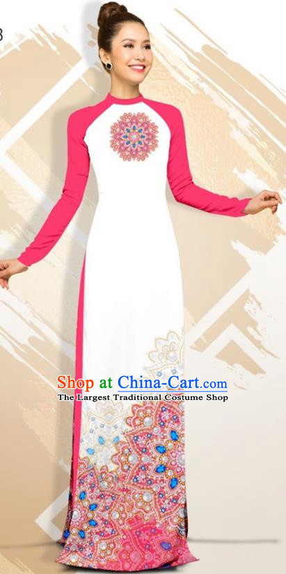 Asian Vietnam Classical Court Female Cheongsam Costumes Traditional Vietnamese Rosy Ao Dai Qipao Dress and Loose Pants