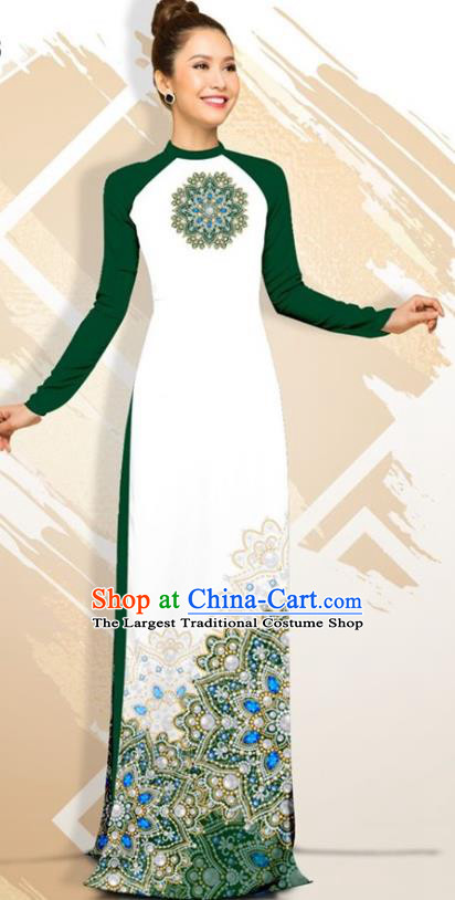 Asian Vietnam Classical Court Female Cheongsam Costumes Traditional Vietnamese Deep Green Ao Dai Qipao Dress and Loose Pants