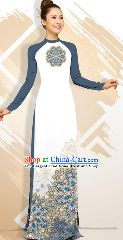 Asian Vietnam Classical Court Female Cheongsam Costumes Traditional Vietnamese Grey Blue Ao Dai Qipao Dress and Loose Pants