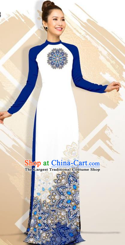 Asian Vietnam Classical Court Female Cheongsam Costumes Traditional Vietnamese Royalblue Ao Dai Qipao Dress and Loose Pants