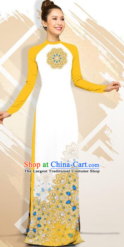 Asian Vietnam Classical Court Female Cheongsam Costumes Traditional Vietnamese Yellow Ao Dai Qipao Dress and Loose Pants