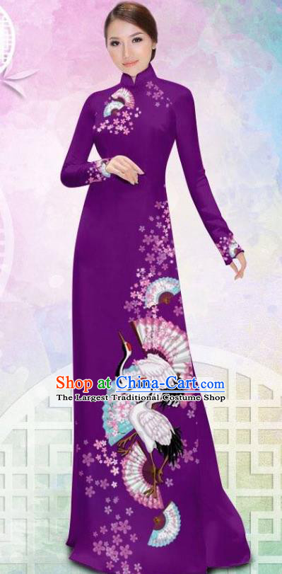 Asian Vietnam Printing Crane Purple Cheongsam Costumes Traditional Vietnamese Classical Ao Dai Qipao Dress and Loose Pants