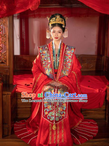 Chinese Ancient Song Dynasty Empress Historical Costumes Traditional Wedding Embroidered Hanfu Apparels Complete Set