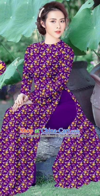 Traditional Custom Vietnamese Purple Ao Dai Qipao Dress and Pants Asian Vietnam Stage Show Cheongsam Female Costumes