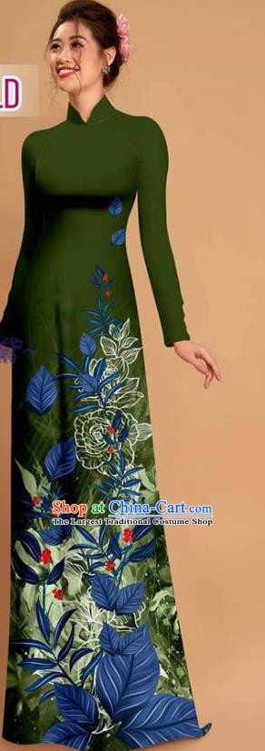 Vietnamese Custom Olive Green Uniforms Traditional Asian Vietnam Costume Printing Qipao with Pants Ao Dai Dress