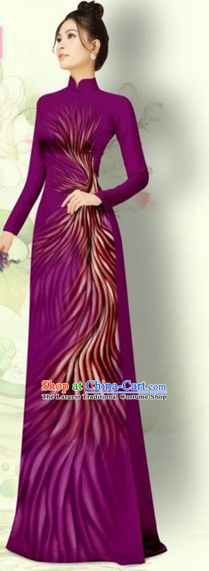 Vietnamese Traditional Bride Uniforms Asian Vietnam Custom Ao Dai Costume Purple Qipao Dress with Pants