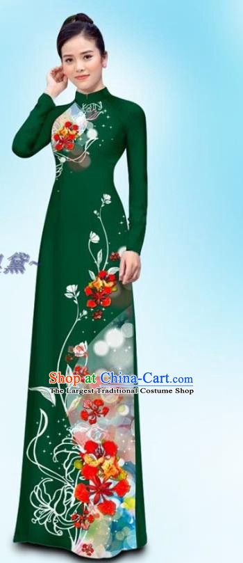 Asian Vietnam Ao Dai Cheongsam Deep Green Qipao Dress and Pants Custom Uniforms Traditional Vietnamese Female Clothing